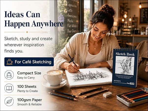 Woman using a Fuxi 5.5 x 8.5 small spiral sketchbook for café sketching and travel.