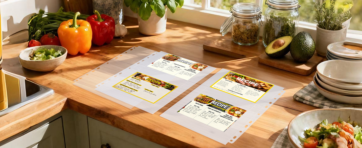 A4 3 Ring Binder Recipe Card Holder Book with 30 Pack 4x6 Inch Recipe Card Protector Pages