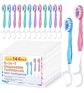 Hxsaezn 144 Pack 5-in-1 Mini Disposable Toothbrush,Waterless Disposable Toothbrushes with Toothpa...