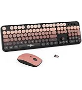 Wireless Keyboard Mouse Combo,104 Round Keys Cute Colorful Keyboard with Retro Typewriter Style,L...