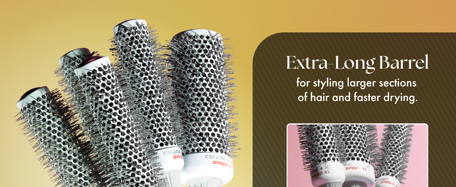 Image of five ion hair brushes with text reading extra long barrel.