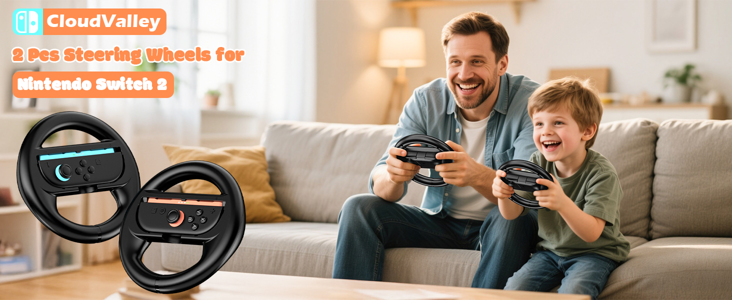 Two black steering wheel controllers for Nintendo Switch, with grip handles and button controls. Image shows a man and boy using game controllers on a couch.