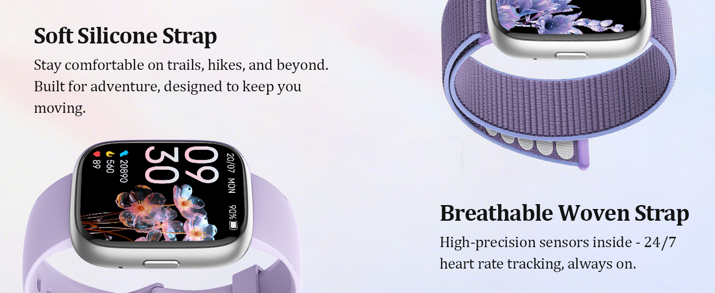 Text reads 'Soft Silicone Strap' and 'Breathable Woven Strap'. Smart watch display with workout interface showing multiple watch band options and features.