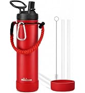 mininoo 24 oz Insulated Stainless Steel Water Bottle with Straw, Red | Paracord Handle, Double-Wa...