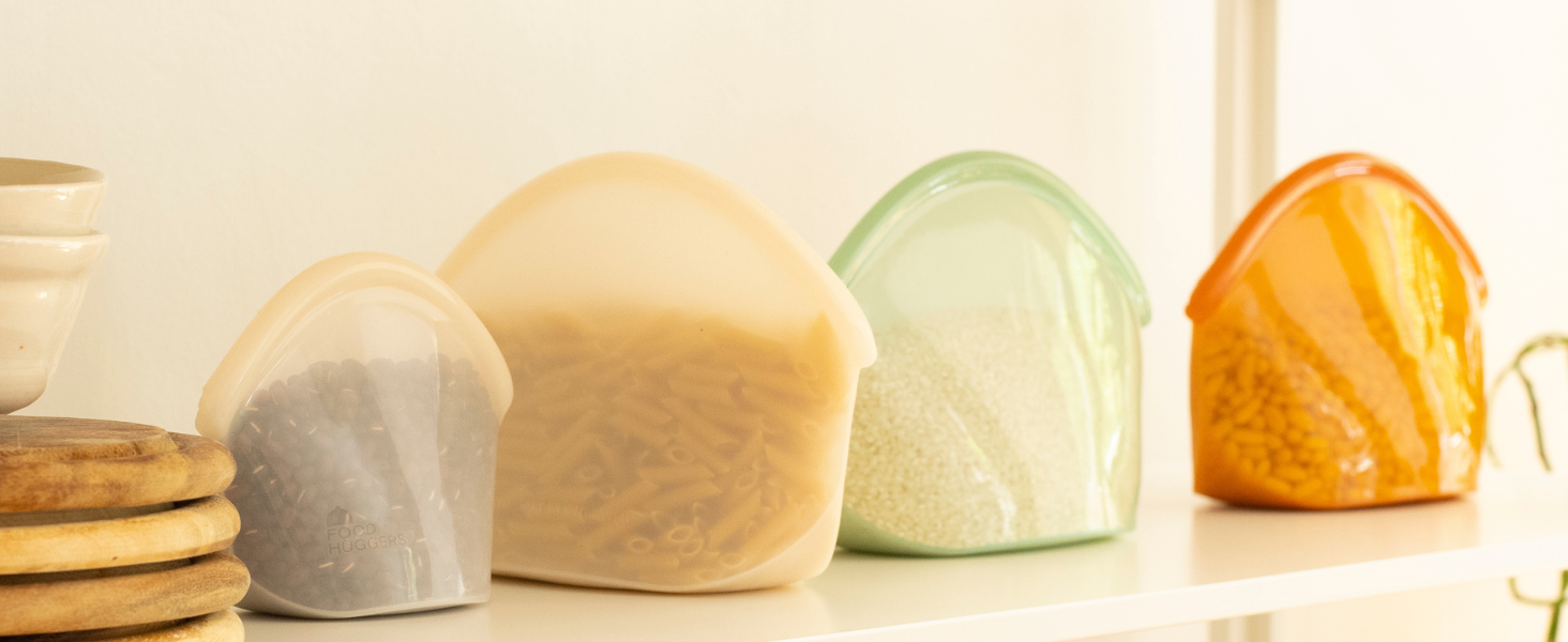 Reusable silicone food bags storing food in an organized pantry