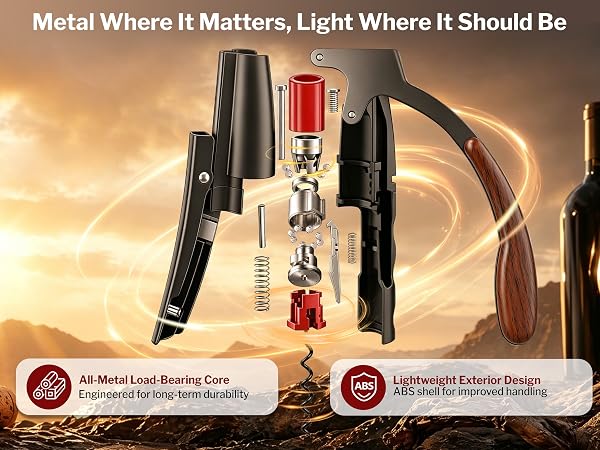 Forge wine opener with metal load-bearing core and lightweight design for effortless cork removal
