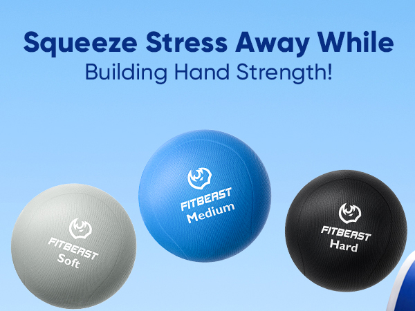 a blue and black ball with the words squeeze stress away while building hand strength.
