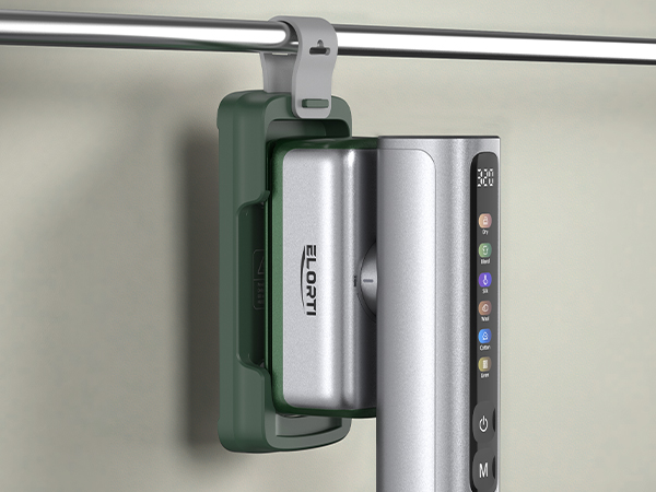 small steamer iron with hanging base clip, hangs on closet rod,saves space for apartments, cabins