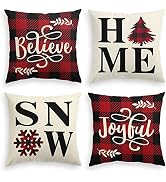 AVOIN Buffalo Plaid Believe Joyful Home Snow Throw Pillow Cover, 18 x 18 Inch Christmas Winter Ho...