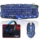 BlueFinger Backlit Gaming Keyboard and Mouse and LED Headset Combo,USB Wired 3 Color Crack Backli...