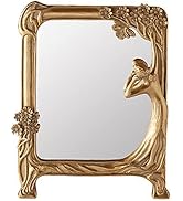 Nerien Resin Vintage Makeup Mirror Decorative Tabletop Rectangle Mirror Gold Standing Desktop Cos...