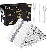 Liacere 400PCS Silver Plastic Silverware - Pre Rolled Napkins Disposable Silver Cutlery-Premium Q...