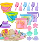Collapsible Beach Toys for Kids, 3 Pack Foldable Sand Buckets and Shovels Set with Mesh Bag, Sili...