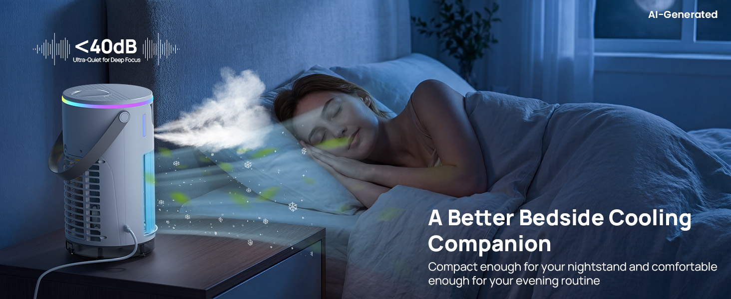 Enjoy quiet sleep with this small evaporative air cooler on your nightstand under 40dB