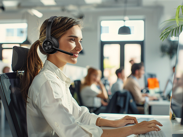 Woman in white shirt using a computer and wearing a wireless headset with microphone in an office environment.