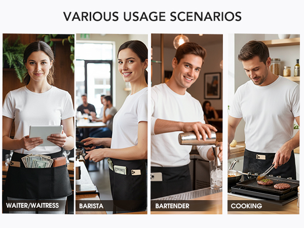 Waitress Apron With 3 Pockets-Black Server Aprons-Waiter Short Half Waist Servers Apron