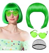 PLULON Grass Green Bob Wig with Heart Sunglasses and Hair Cap for Women, Short Bob Wigs Synthetic...