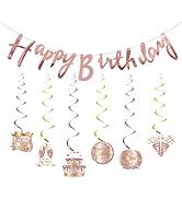 INTATIKOO Rose Gold Happy Birthday Banner with Hanging Swirl Streamers, Pink DIY Birthday Decorat...
