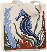 Perseverance Trade Ocean-Themed Embroidery Tote Bag for Women Summer Canvas Beach Bag Reusable Ba...