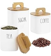 Coffee Tea Sugar Container Set of 3, Glass Storage Jars with Wooden Lids, Airtight Kitchen Counte...