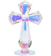 WADORN 6" Tall Crystal Cross Standing on Base, Clear AB Modern Cross Decor Colorful Handmade Glas...