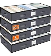 SpaceWhisper 90L Under Bed Storage Containers, 4-Pack Storage Bins with Clear Top, Foldable Close...