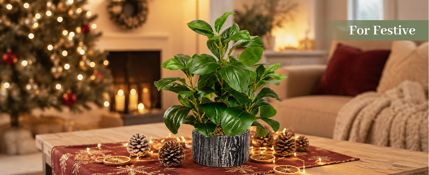 artificial green potted plant festive Christmas coffee table decor
