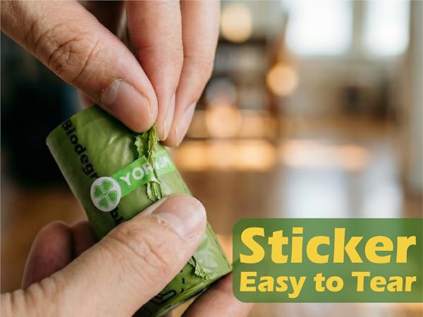 Text reads 'Sticker Easy to Tear'. Close-up image showing fingers peeling a green sticker or label.