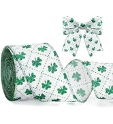 KINGLAKE St Patrick's Day Wired Ribbon - 2.5 Inch Glitter Green Shamrock Ribbon Wired for Wreath ...
