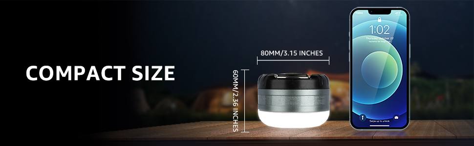 Text reads 'COMPACT SIZE' with product display showing smartphone next to small cylindrical device, emphasizing portable dimensions.