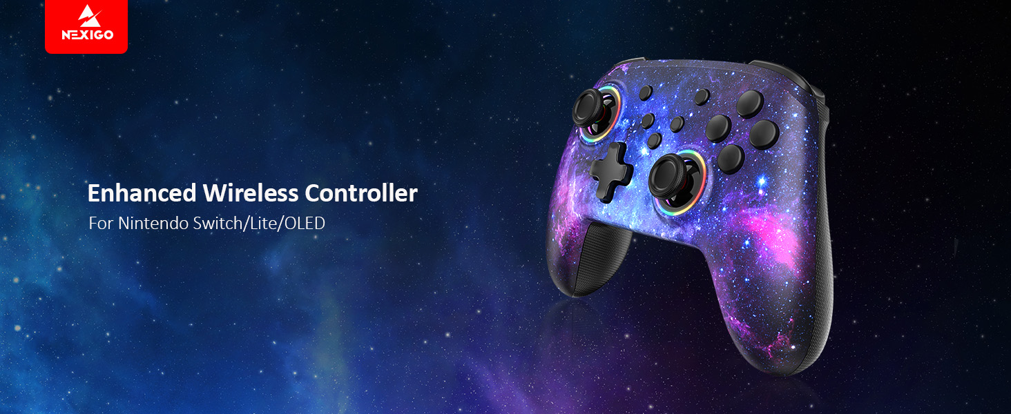 The image showcases a Nebula skin on the Bluetooth controller.