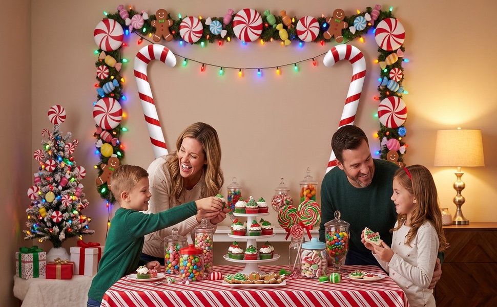 Family Christmas party with inflatable candy cane balloons, candy wall, tree and desserts