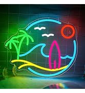 Wave Palm Tree Neon Sign for Wall Decor, Dimmable Tropical Sign Surfbord Sunset Neon Lights Sign ...