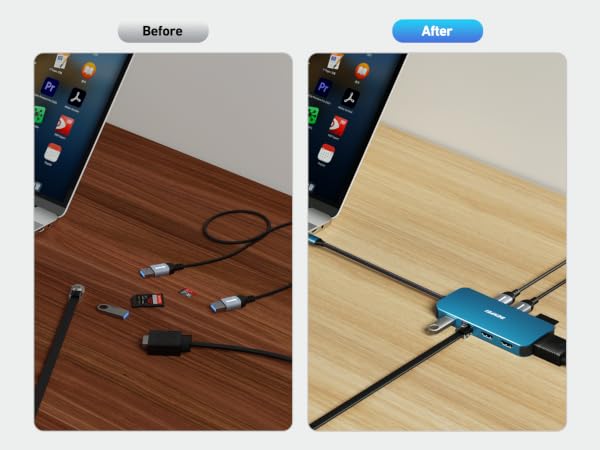 Before/after comparison showing cable management transformation from scattered cables to organized hub system under desk surface.