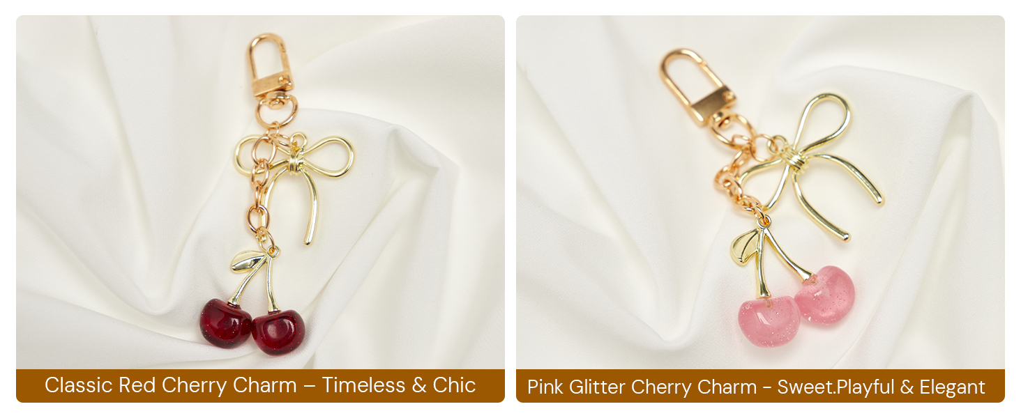 Red and Pink Cherry Charms with Gold Bows, Showcasing Timeless and Playful Styles
