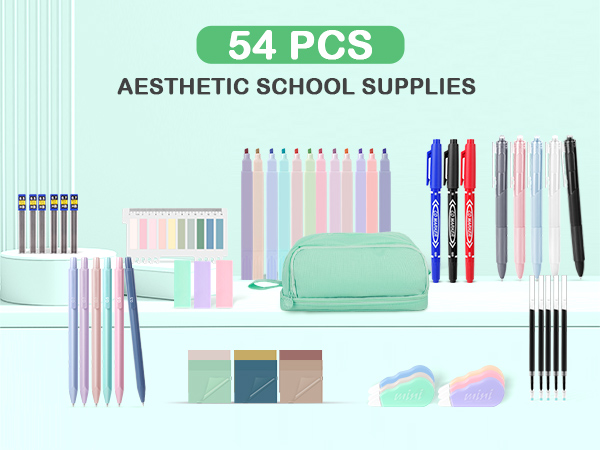 school supplies aesthetic stationery set mechanical pencil case pouch marker erasers sticky note