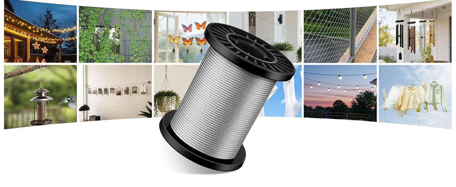 CHIWODA wire rope works for string lights, trellises, fencing, clotheslines, and hanging decor.