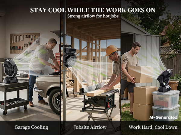 Stay cool while work goes on: battery powered outdoor fan with strong airflow for hot jobs