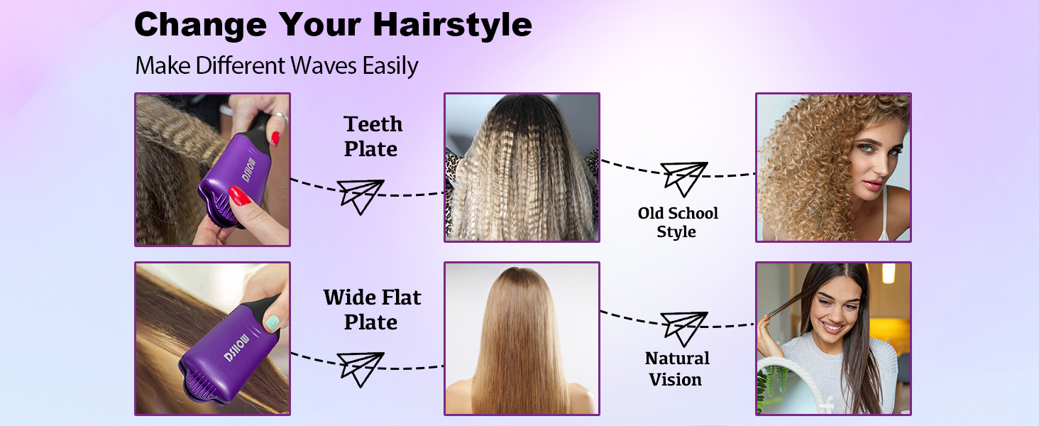 Text reads: 'Change Your Hairstyle'. Instructional diagram showing hair styling steps with arrows connecting before and after images of different hairstyles.