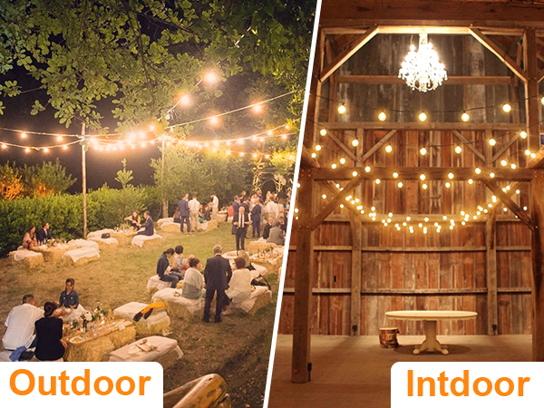 Split image comparing outdoor and indoor event lighting. Left: Garden party with string lights. Right: Rustic barn interior with hanging chandelier and string lights.