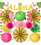 LOMOSO Luau Party Decorations – Flamingo Supplies, Hawaiian Aloha Banner, Paper Lanterns, Fans & ...