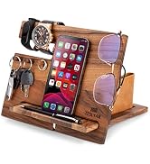 Natural Walnut Wood Phone Docking Station Hooks Key Holder Wallet Stand Watch Organizer Men Husba...