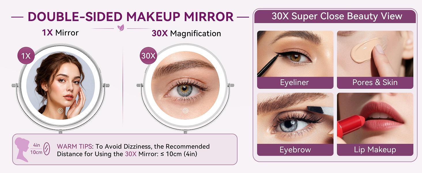 1X/30X double-sided miror for makeup, eyebrow tweezing & shaving