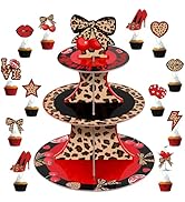 Cheetah Cherry Cupcake Stand with 24Pcs Cake Toppers 3 Tier Leopard Print Cardboard Dessert Holde...
