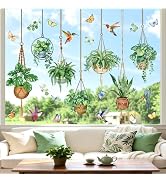 decalmile Spring Hanging Potted Plant Double Sided Window Clings Botanical Cactus Green Leaves An...