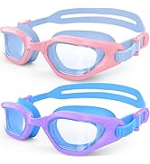 Kids Swim Goggles in Dual-Tone, Adjustable Nose Pads & Soft Silicone for Leak-proof(6-14), Clear ...