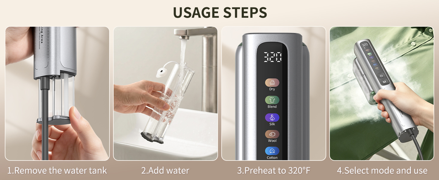 clothing steamer usage step: remove water tank, add water, preheat to 320°F, select mode, then steam