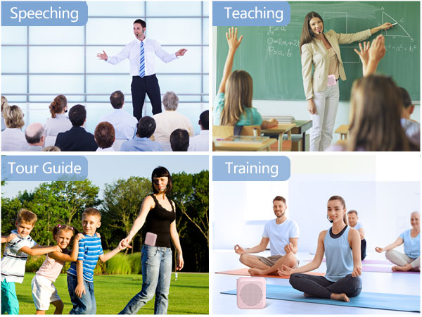 Text reads 'Teaching', 'Speaking', 'Tour Guide', 'Training'. Collage of educational and training scenarios showing various group activities.