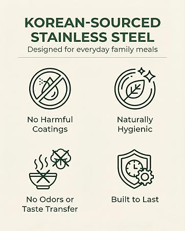 Korean-sourced stainless steel tray infographic with hygienic, odor-free, durable features.