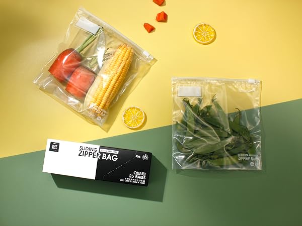 Slider Box show with slider bags containing items inside. Food is the main storage for these bags